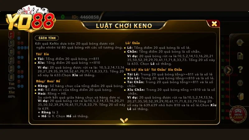 Luật chơi cơ bản khi tham gia Keno lộc phát Yo88